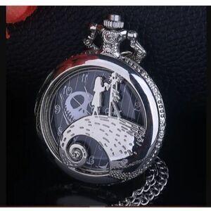 New! Nightmare Before Christmas Dial Silver Quartz Pocket Watch With Chain Men W